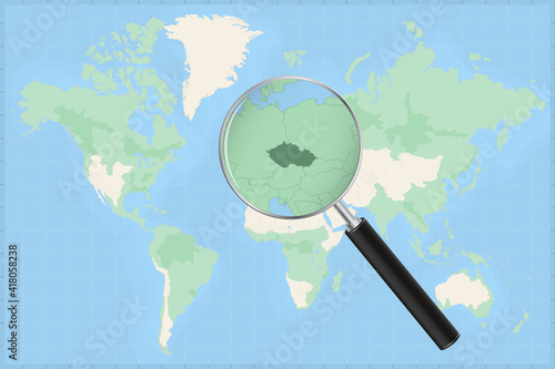 Map of the world with a magnifying glass on a map of Czech Republic.