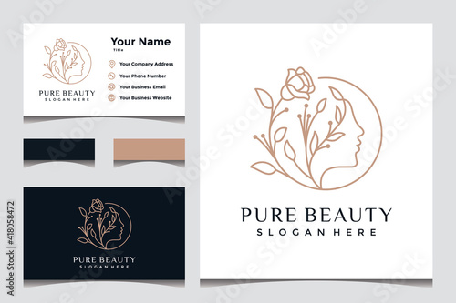 Beautiful lady's face with leaf line art style logo and business card design
