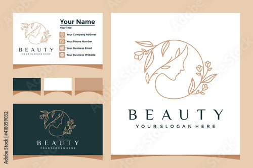 Fancy lady flower face with line art style logo and business card design. for beauty salons, massages, spas and cosmetics