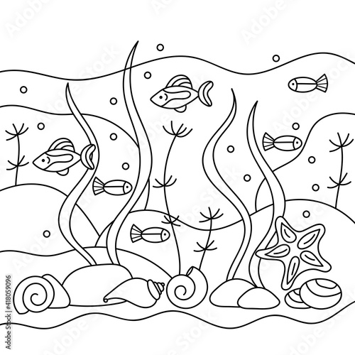 Colorings. Underwater inhabitants and algae, coloring book. Fish and plants. Doodle of marine animals and plants isolated on a white background.