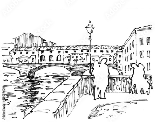 Florence. Ink hand drawing city sketch of the Ponte Vecchio bridge. White silhouettes of people. Can be used postcards  traveling  prints  textile  design.