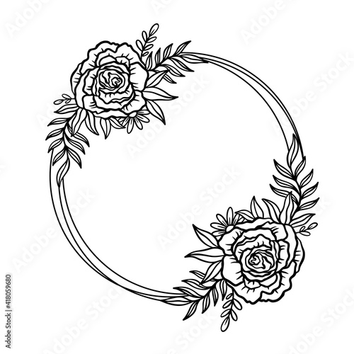 Flower frame outline double round.Floral circle border botanical drawing style.
