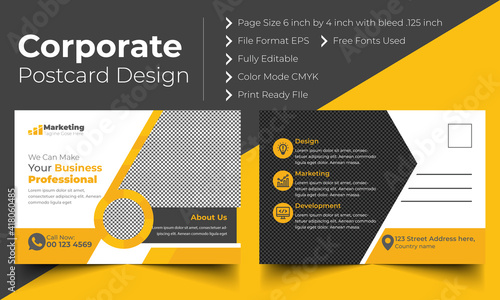 yellow and black corporate post card template for business agency