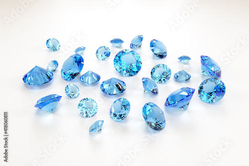 A scattering of aquamarines of various sizes on a white background. Exhibition of precious stones. 3d rendering.