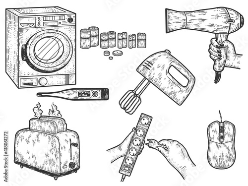 Large set of home electrical appliances. Sketch scratch board imitation.