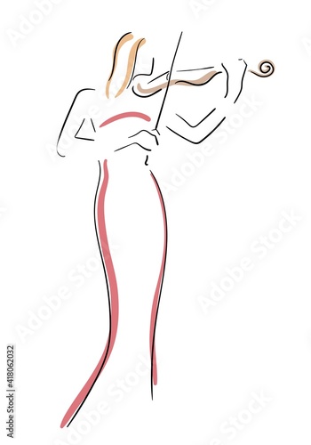 Beautiful girl in a red dress with violin, one stroke simple bright fashion illustration, vector