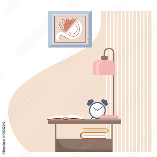 Vector bedroom interior elements. Cozy bedside table with a lamp, books and alarm clock.