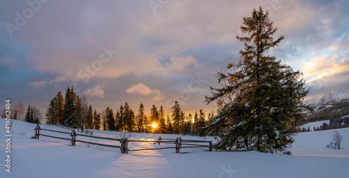 Beautiful mountain landscape during romantic winter sunrise - Tatra Mountains, Poland