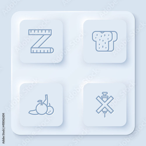 Set line Tape measure, Bread toast, Fruit and No doping syringe. White square button. Vector.