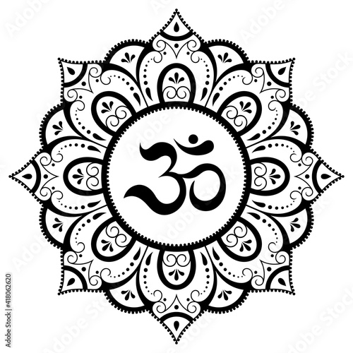 Circular pattern in form of mandala for with flower Henna, Mehndi, tattoo, decoration. Decorative ornament in oriental style with ancient Hindu mantra OM. Outline doodle vector illustration.