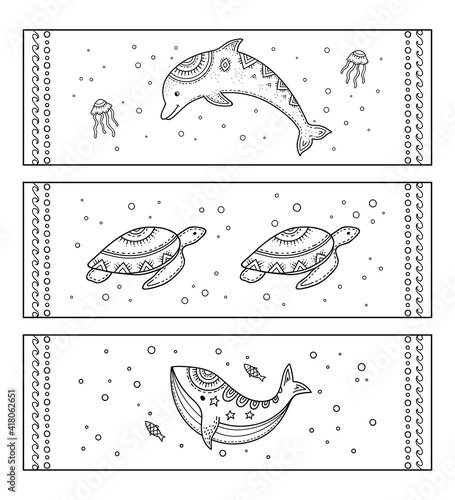 Bookmark or coloring book. Set of black and white labels with marine theme - whale, Dolphin, turtle and jellyfish. Sketch of ornaments for creativity of children and adults with colored pencils.