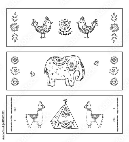 Bookmark or coloring book. Set of black and white labels with funny animals in elephant, lama and birds. Sketch of ornaments for creativity of children and adults with colored pencils.