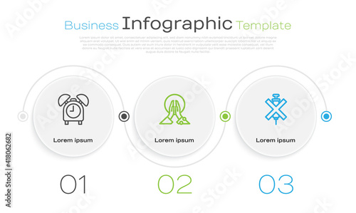 Set line Alarm clock, Meditation and No doping syringe. Business infographic template. Vector.