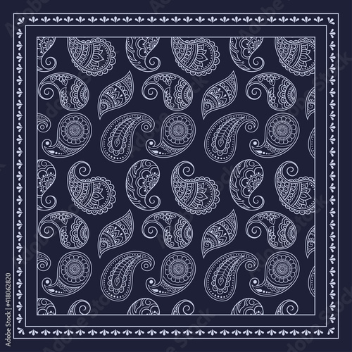 Decorative pattern of flowers and paisley for printing on fabric. Blue ornament for a bandana, a silk neckerchief, a tablecloth or a kerchief. Square sketch in tribal or oriental style.