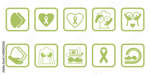Set of vector medical icons about the prevention, diagnosis of female breast. Trendy 2021. Ultrasound, hand, ribbon against breast cancer, mammography. Caring for women's health. Isolated