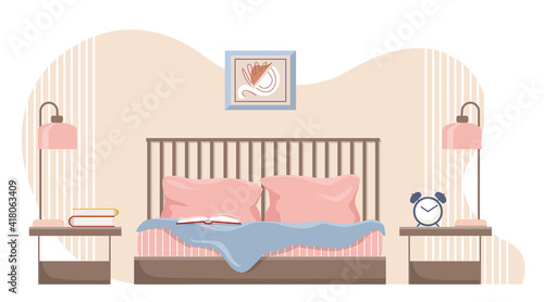 Vector cozy modern bedroom. Home interior design. Furniture and things. A wooden bed with bedside tables.