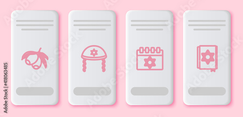 Set line Olives branch, Jewish kippah, calendar and torah book. White rectangle button. Vector.