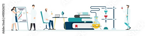 Scientific research. Scientist people wearing lab coats. science researches and chemical laboratory experiments. Chemistry clinic laboratories. microbiology pharmaceutical research. Vector
