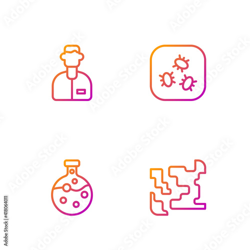 Set line Gaseous, Test tube and flask, Laboratory assistant and Bacteria. Gradient color icons. Vector.