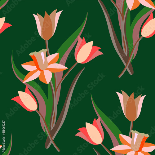 Fototapeta Naklejka Na Ścianę i Meble -  Springflower bouquet seamless pattern, vector graphic.