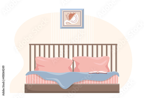 Vector wooden double bed with pillows and blanket. Modern furniture for a bedroom.
