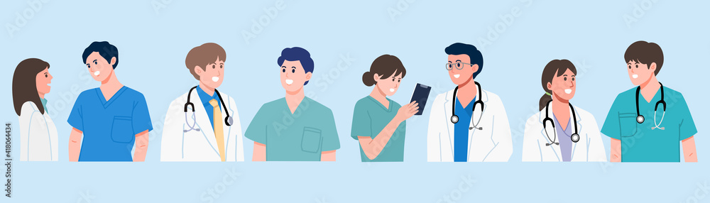 Group of doctors, medical staff standing and talking on blue background, Doctor teamwork banner. vector illustration flat design Group of doctors, medical staff standing and talking on blue background, Doctor teamwork banner. vector illustration flat design