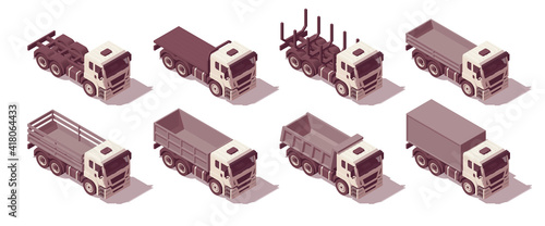 Isometric truck set. Set of different body types trucks. Vector illustration