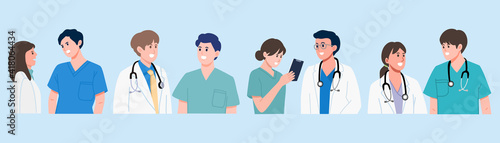 Group of doctors, medical staff standing and talking on blue background, Doctor teamwork banner. vector illustration flat design 