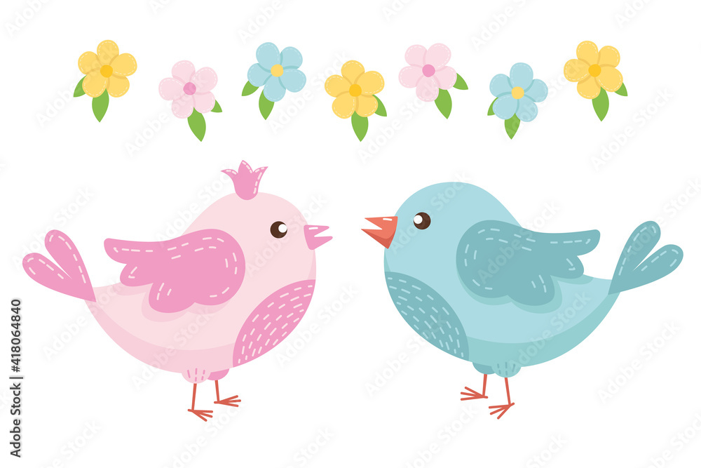 Spring set of birds and flowers. Flat cartoon elements. Illustration for the spring and Easter theme. Vector illustration.