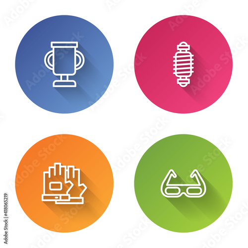 Set line Award cup with bicycle, Bicycle suspension, Gloves and Sport cycling sunglasses. Color circle button. Vector.