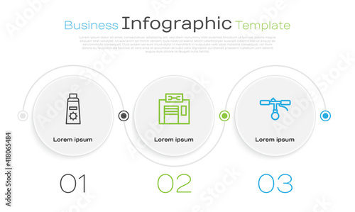 Set line Sunscreen cream in tube, Bicycle repair service and handlebar. Business infographic template. Vector.