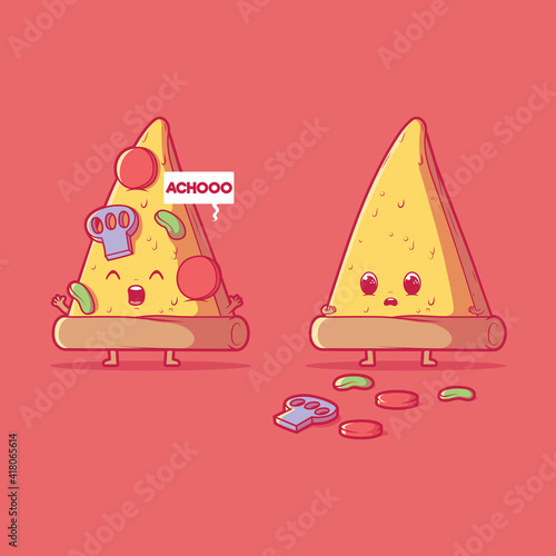 Pizza slice sneezing vector illustration. Food, disease, fast food design concept.