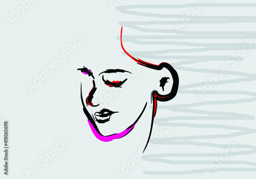 Abstract design with minimal female face.One line drawing style.
