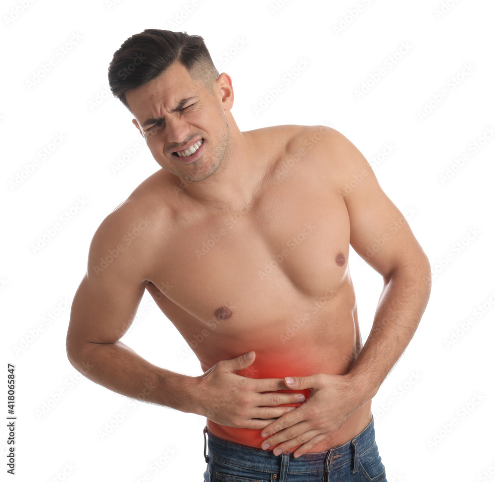 Man suffering from liver pain on white background Man suffering from liver pain on white background