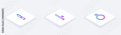 Set Isometric line Military knife, Police rubber baton and Canteen water bottle. White square button. Vector.