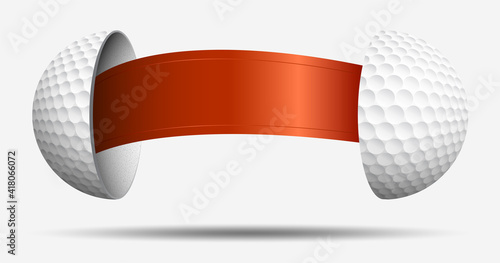 golf ball halves with red ribbon inside. Golf sphere for choosing an opponent. Sports lot, luck. Vector
