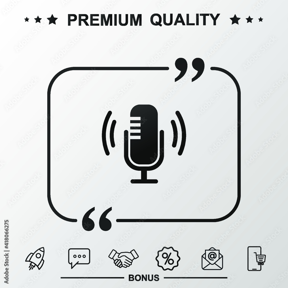 Voice microphone icon. Inside quote symbol. Voice microphone icon. Inside quote symbol.