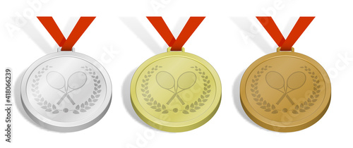 set of sport tennis medals with emblem of crossed sports tennis rockets and ball for tennis with laurel wreath. Gold, silver and bronze award with red ribbon. 3d vector