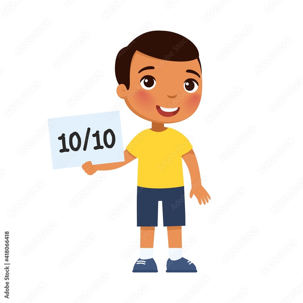 Happy dark skin little boy got the highest grade. The concept of the passed test, exam. Diligent pupil. Cartoon character isolated on white background. Flat vector color illustration.