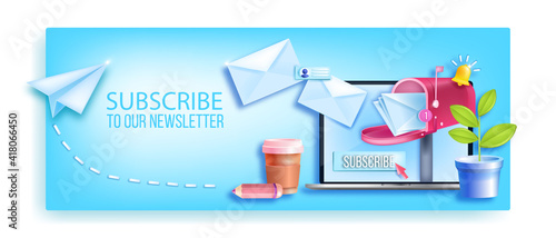 Subscribe email newsletter vector banner, laptop screen, workplace, mailbox, envelopes, notification bell. Mail online business, internet marketing background, airplane. Subscribe newsletter concept photo