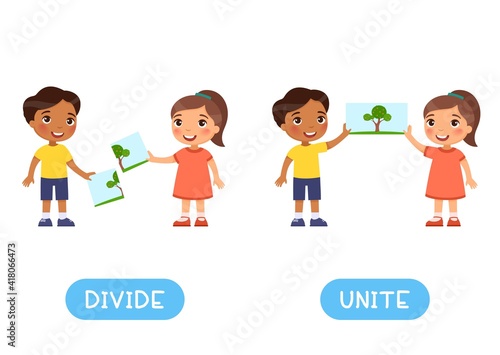 Divide and unite antonyms word card, Opposites concept. Flashcard for English language learning. Little Indian boy and European girl combined the picture, the children separated the image.