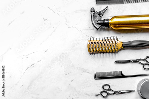 hairdresser working desk with tools on white background top view mockup
