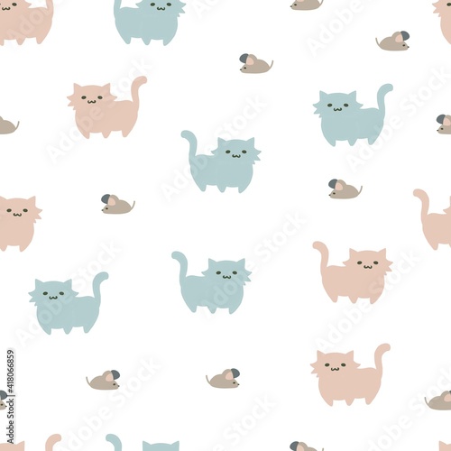 Cute Walking Cat and Mouse Vector Cartoon Seamless Pattern