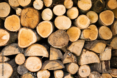Stacked logs of wood  wooden background  firewood  brown. Wallpaper Texture
