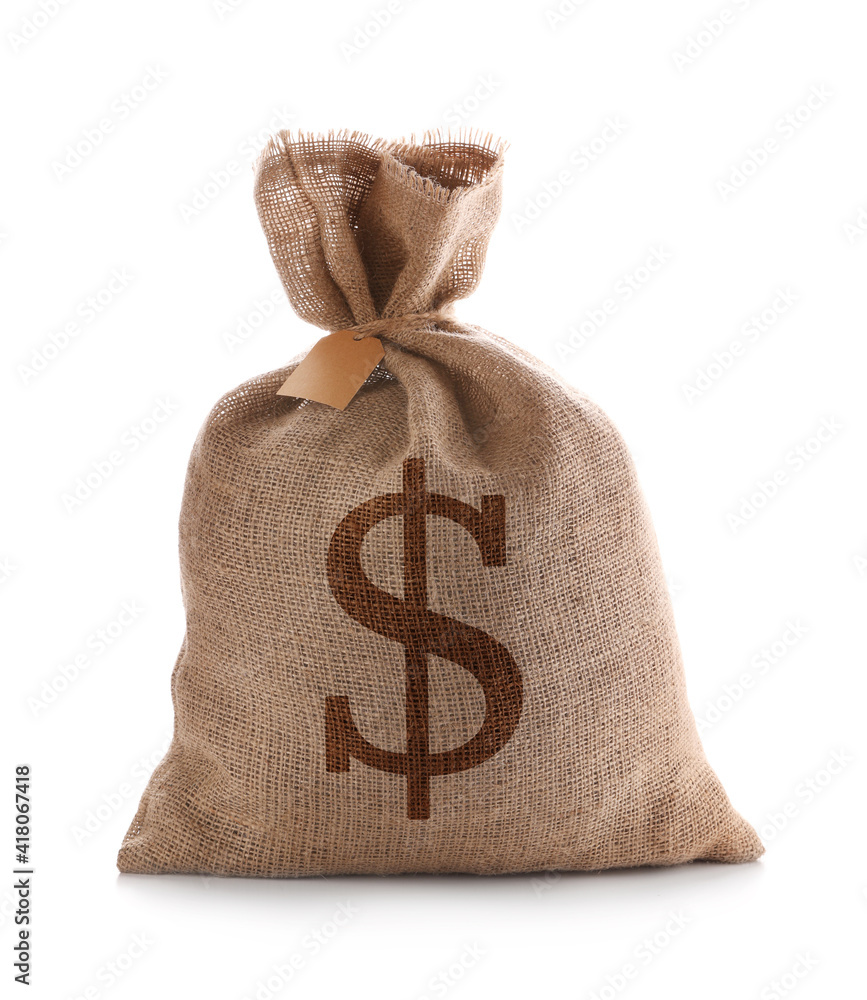 Burlap bag with dollar sign on white background Burlap bag with dollar sign on white background