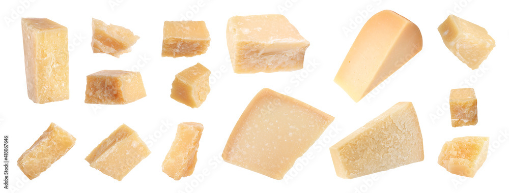 Set with pieces of delicious parmesan cheese on white background. Banner design Set with pieces of delicious parmesan cheese on white background. Banner design