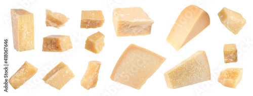 Set with pieces of delicious parmesan cheese on white background. Banner design