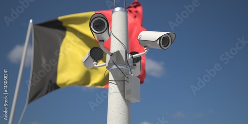 Security cameras near flag of Belgium, 3d rendering