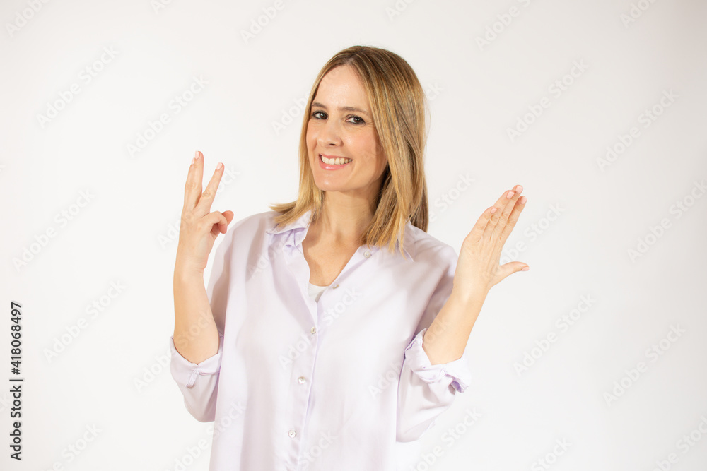 Young woman over isolated white background counting eight with fingers Young woman over isolated white background counting eight with fingers