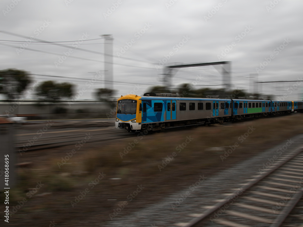 Commuter train approaching Broadmeadows train station Melbourne Victoria Australia